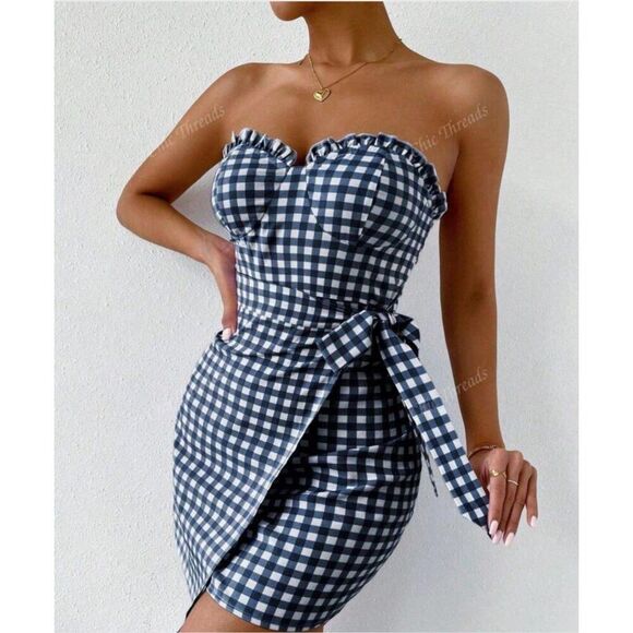 339. Shein Checkered Wrap Dress Size XS - Picture 1 of 5